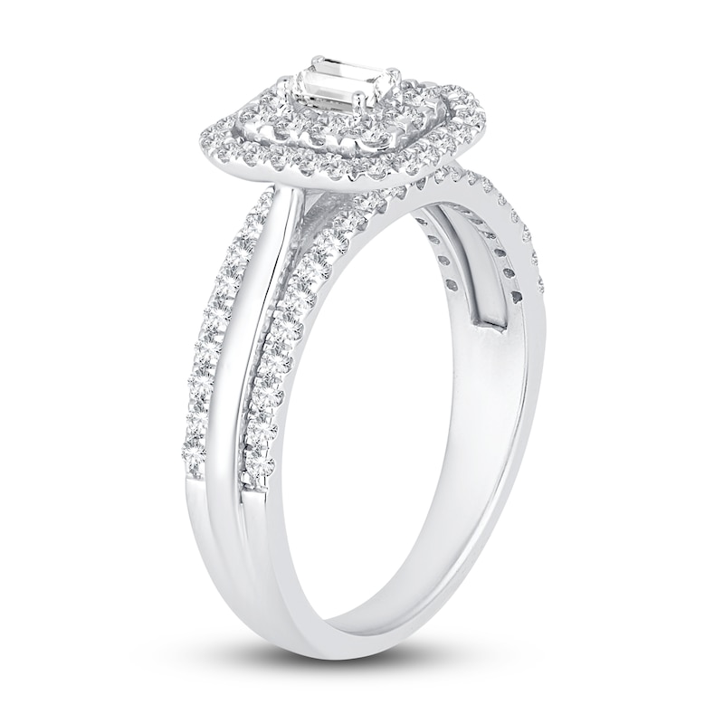 Main Image 2 of Diamond Double Halo Engagement Ring 3/4 ct tw Emerald/Round 14K White Gold