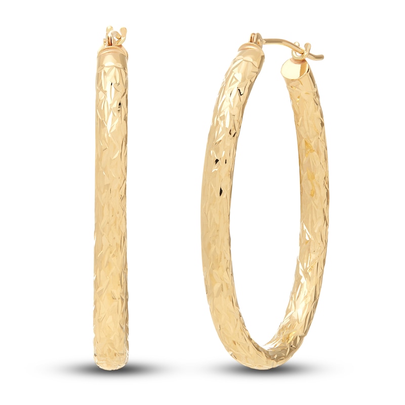 Main Image 1 of Diamond-Cut Oval Tube Hoop Earrings 14K Yellow Gold