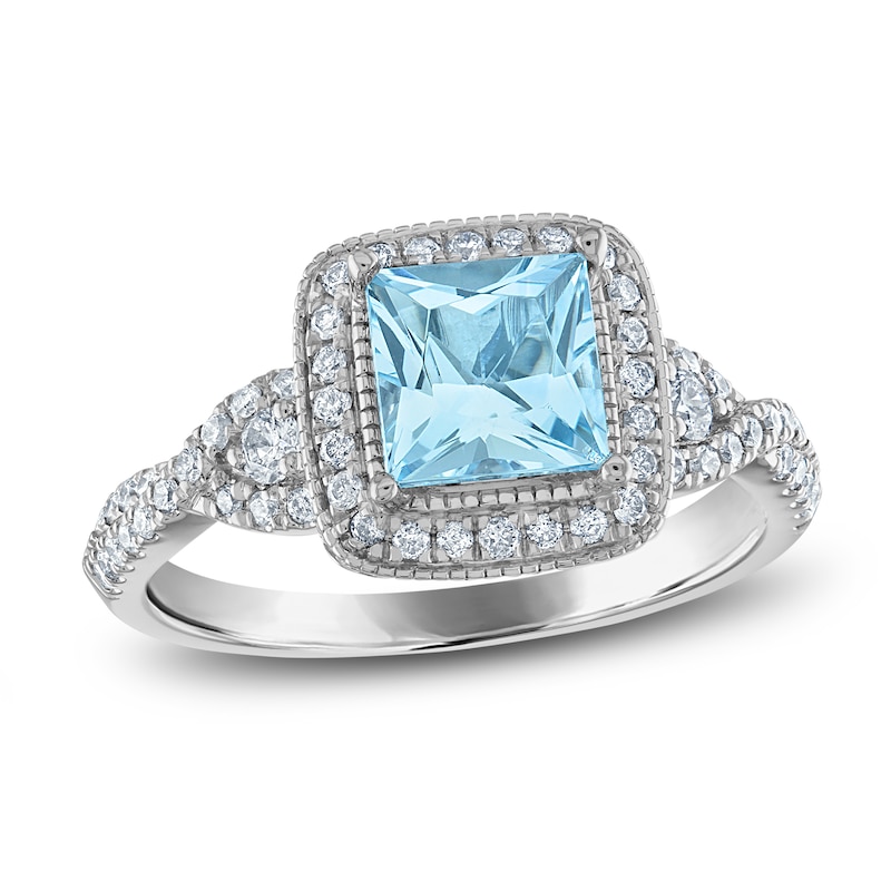 Main Image 1 of Natural Aquamarine Engagement Ring 1/2 ct tw Diamonds 14K White Gold