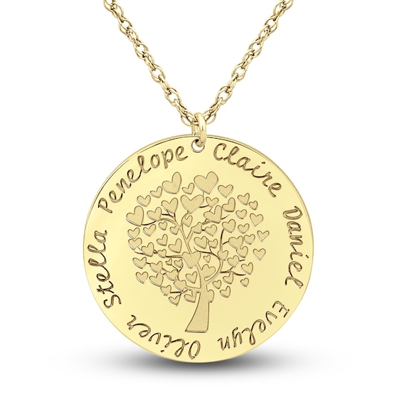 Engravable Family Tree Pendant Necklace 10K Yellow Gold 25mm 18" Adj.