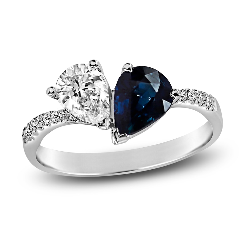 Main Image 1 of Natural Blue Sapphire Engagement Ring 1/2 ct tw Diamonds 14K White Gold