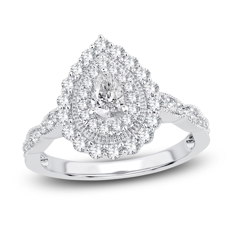 Main Image 1 of Diamond Double Halo Engagement Ring 1 ct tw Pear/Round 14K White Gold