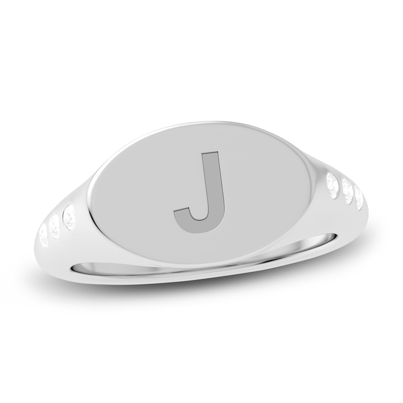 Main Image 1 of Juliette Maison Diamond Engravable Initial Signet Ring 1/8 ct tw Round 10K White Gold