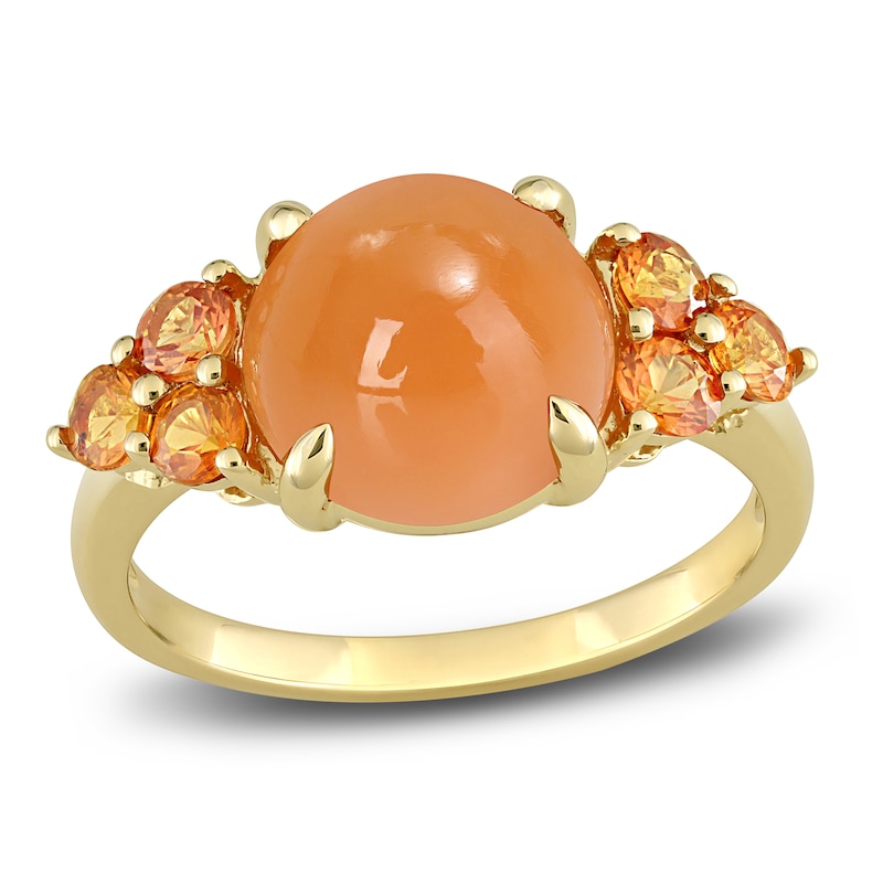Natural Orange Moonstone & Sapphire Ring 14K Yellow Gold