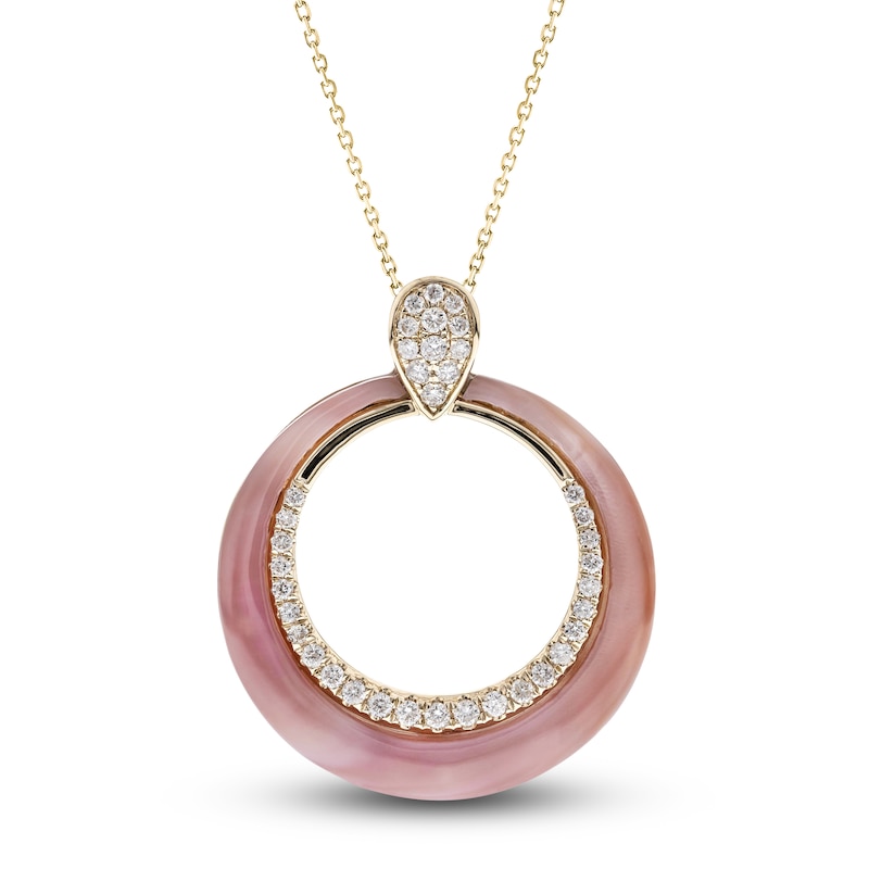 Natural Pink Opal Pendant Necklace 1/4 ct tw Diamonds 14K Yellow Gold 18"