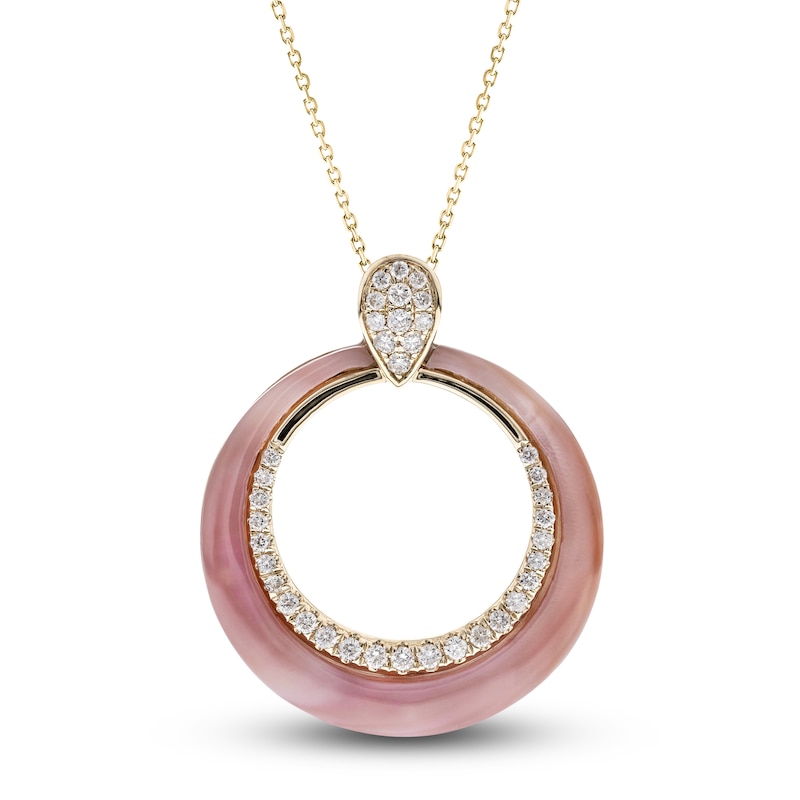 Main Image 1 of Natural Pink Opal Pendant Necklace 1/4 ct tw Diamonds 14K Yellow Gold 18"