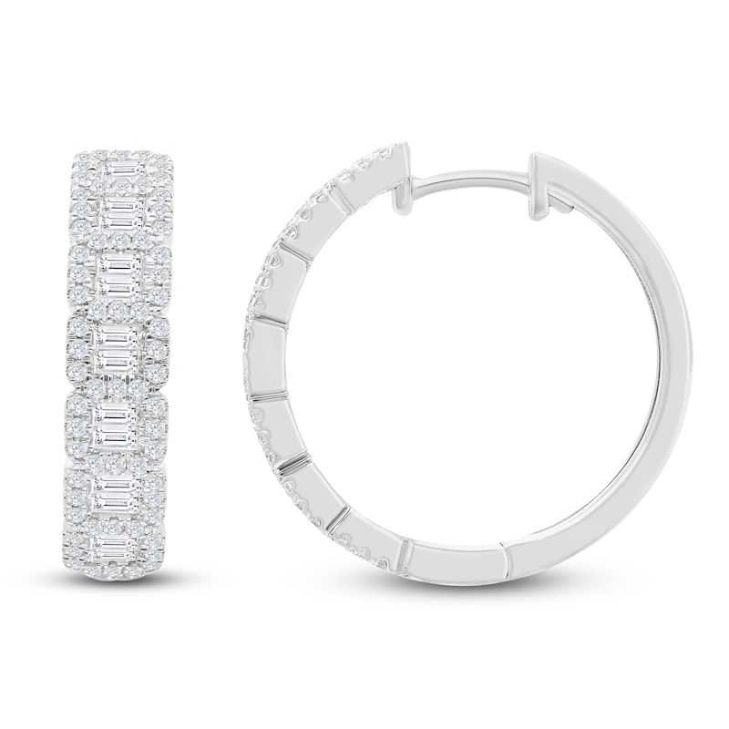 Main Image 1 of Baguette & Round-Cut Diamond Hoop Earrings 1 ct tw 14K White Gold