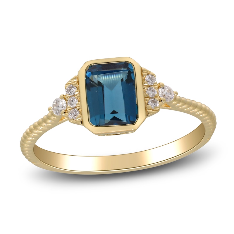 Main Image 1 of Rectangle-Cut Natural London Blue Topaz & Diamond Ring 1/15 ct tw 14K Yellow Gold