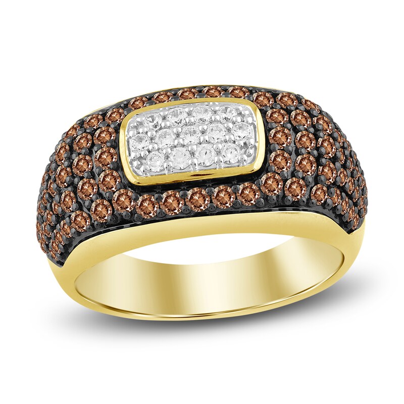 Main Image 1 of Men's Brown & White Multi-Diamond Fashion Ring 1-1/2 ct tw 10K Yellow Gold