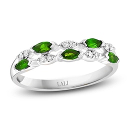 LALI Jewels Marquise-Cut Natural Emerald & Diamond Two-Row Anniversary Ring 1/15 ct tw 14K White Gold