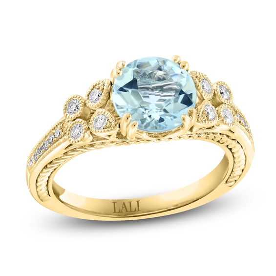 LALI Jewels Natural Aquamarine & Diamond Milgrain Engagement Ring 1/4 ct tw 14K Yellow Gold