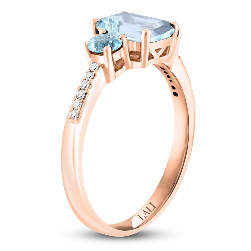 Main Image 2 of LALI Jewels Octagon & Round-Cut Natural Aquamarine & Diamond Three-Stone Engagement Ring 1/20 ct tw 14K Rose Gold