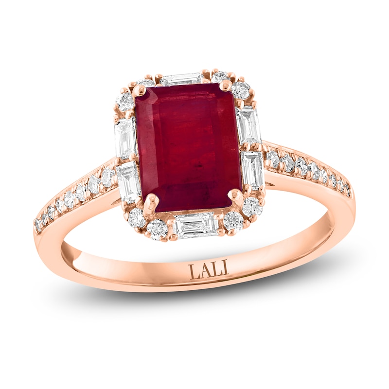 Main Image 1 of LALI Jewels Rectangle-Cut Natural Ruby & Diamond Halo Engagement Ring 3/8 ct tw 14K Rose Gold
