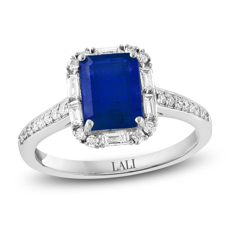 14k White Gold Diamond and Octagon Blue Sapphire Ring
