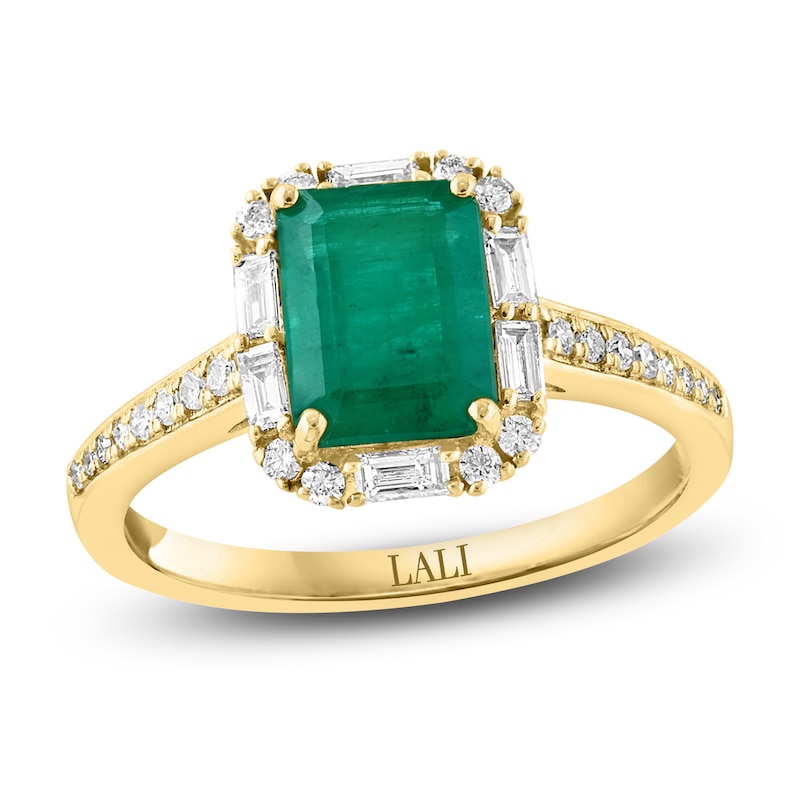 Main Image 1 of LALI Jewels Rectangle-Cut Natural Emerald & Diamond Halo Engagement Ring 3/8 ct tw 14K Yellow Gold
