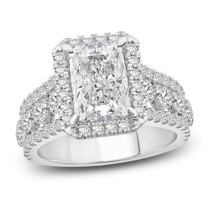 Main Image 1 of Radiant-Cut Lab-Grown Diamond Halo Engagement Ring 4-1/2 ct tw 14K White Gold