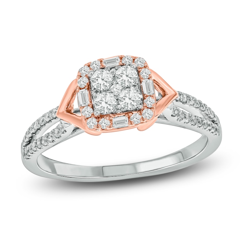 Main Image 1 of Brilliant Moments Multi-Diamond Cushion Halo Engagement Ring 1/2 ct tw 14K Two-Tone Gold