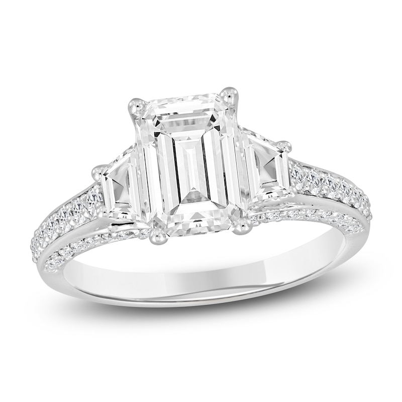 Main Image 1 of Emerald-Cut & Trapezoid-Cut Lab-Grown Diamond Three-Stone Engagement Ring 3 ct tw 14K White Gold