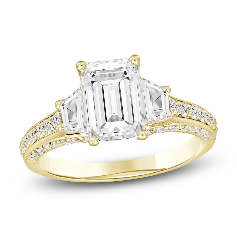 Main Image 1 of Emerald-Cut & Trapezoid-Cut Lab-Grown Diamond Three-Stone Engagement Ring 3 ct tw 14K Yellow Gold