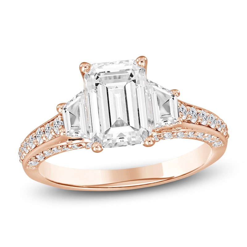 Main Image 1 of Emerald-Cut & Trapezoid-Cut Lab-Grown Diamond Three-Stone Engagement Ring 3 ct tw 14K Rose Gold