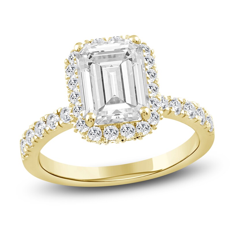 Main Image 1 of Emerald-Cut Lab-Created Diamond Halo Engagement Ring 4 ct tw 14K Yellow Gold