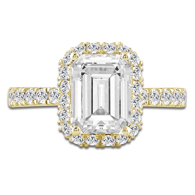 Main Image 3 of Emerald-Cut Lab-Created Diamond Halo Engagement Ring 4 ct tw 14K Yellow Gold