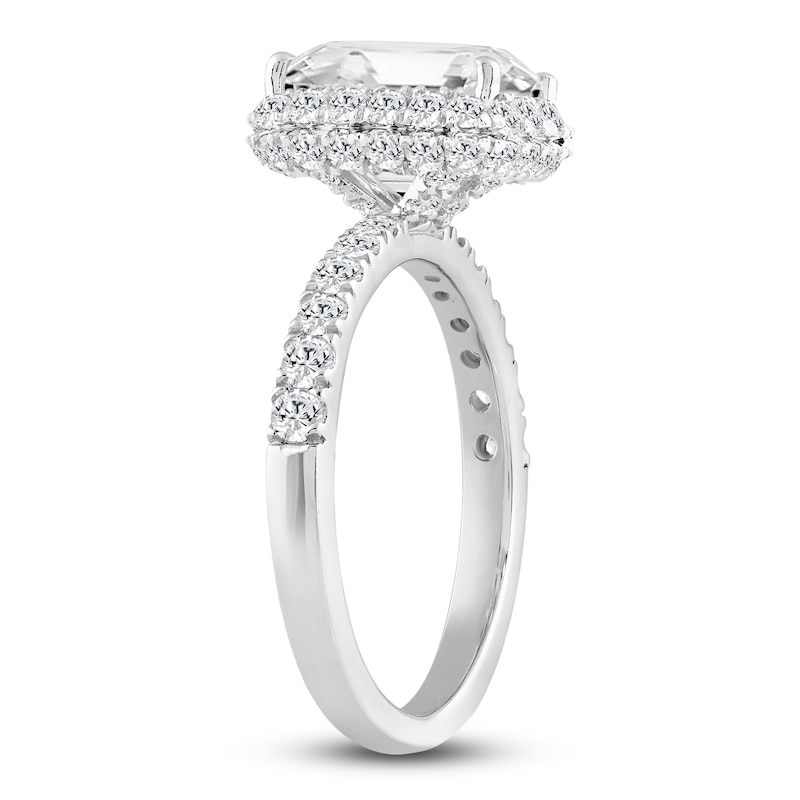Main Image 2 of Emerald-Cut Lab-Grown Diamond Halo Engagement Ring 4 ct tw 14K White Gold