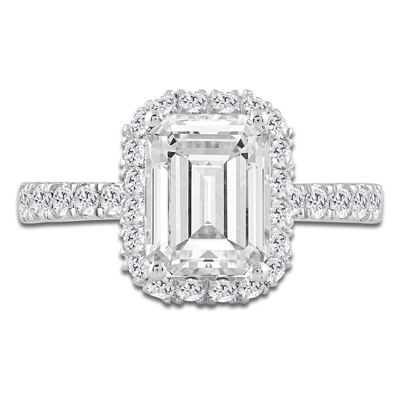 Main Image 3 of Emerald-Cut Lab-Grown Diamond Halo Engagement Ring 4 ct tw 14K White Gold