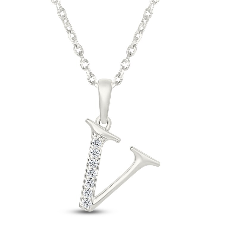 Main Image 1 of Diamond Initial V Necklace 1/20 ct tw 10K White Gold 18"