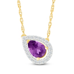 Pear-Shaped Natural Amethyst & Diamond Tilted Necklace 1/8 ct tw 10K Yellow Gold 18"