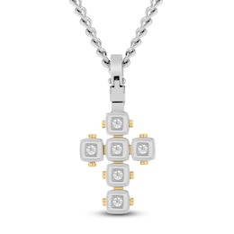 Men's Diamond Cushion Frame Cross Necklace 1/4 ct tw Stainless Steel & Yellow Ion Plating 24"