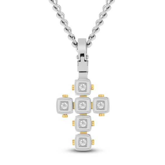 Men's Diamond Cushion Frame Cross Necklace 1/4 ct tw Stainless Steel & Yellow Ion Plating 24"