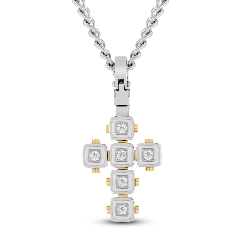 Main Image 1 of Men's Diamond Cushion Frame Cross Necklace 1/4 ct tw Stainless Steel & Yellow Ion Plating 24"