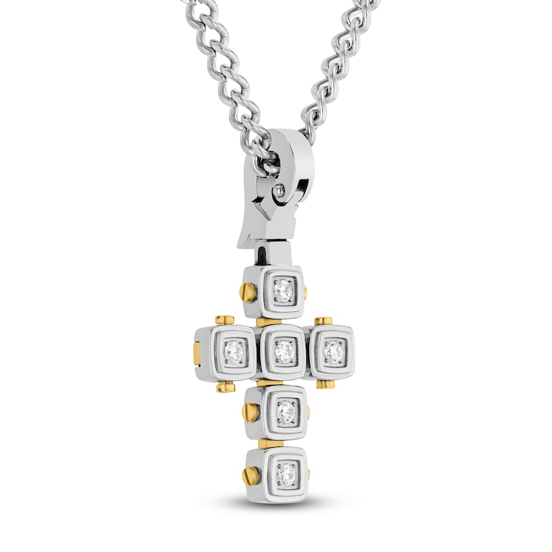 Main Image 2 of Men's Diamond Cushion Frame Cross Necklace 1/4 ct tw Stainless Steel & Yellow Ion Plating 24"