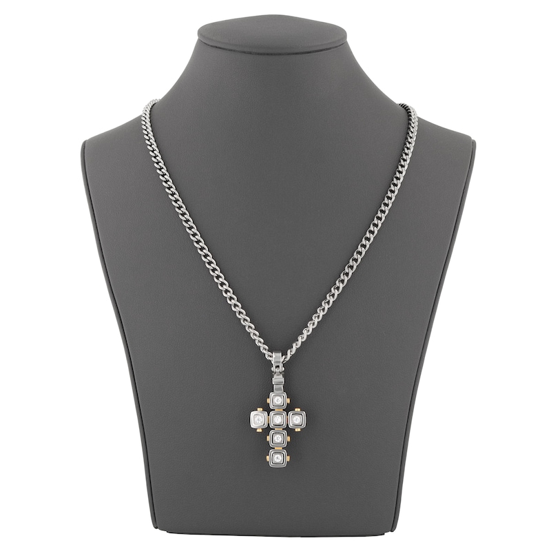Main Image 5 of Men's Diamond Cushion Frame Cross Necklace 1/4 ct tw Stainless Steel & Yellow Ion Plating 24"