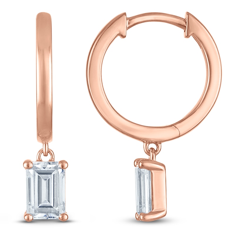 Main Image 1 of Emerald-Cut Lab-Grown Diamond Solitaire Dangle Hoop Earrings 1-1/2 ct tw 14K Rose Gold (SI2/F)