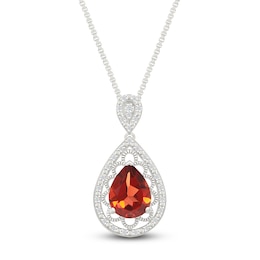 Pear-Shaped Natural Garnet & Diamond Necklace 1/10 ct tw Sterling Silver 18"
