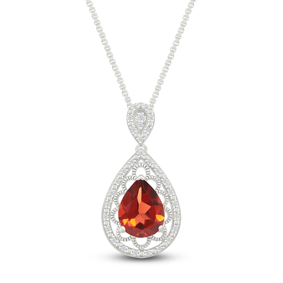 Pear-Shaped Natural Garnet & Diamond Necklace 1/10 ct tw Sterling Silver 18"