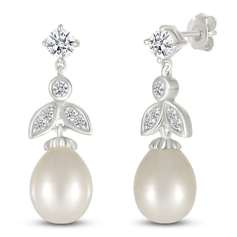 Main Image 2 of Oval Cultured Pearl & White Lab-Created Sapphire Drop Earrings Sterling Silver
