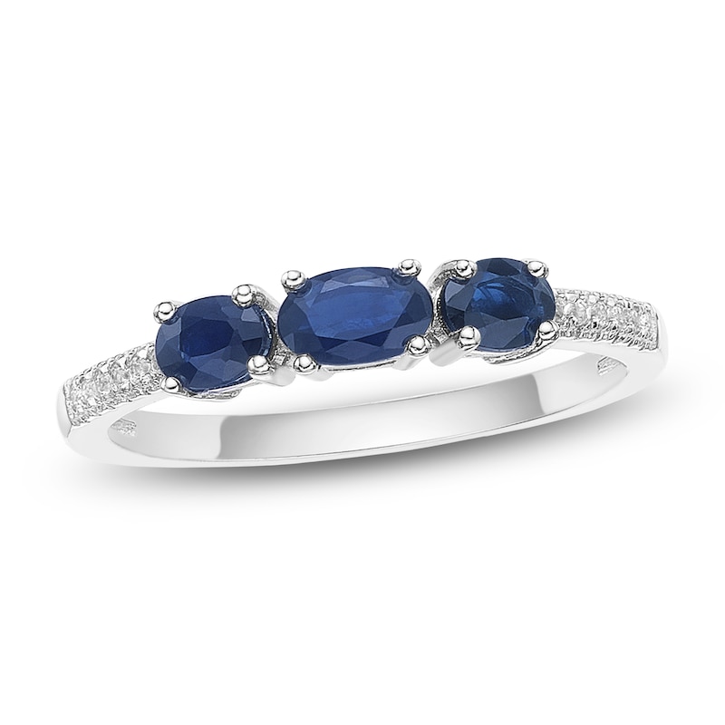 Main Image 1 of Oval-Cut Natural Blue Sapphire & Diamond Three-Stone Ring 1/20 ct tw 10K White Gold