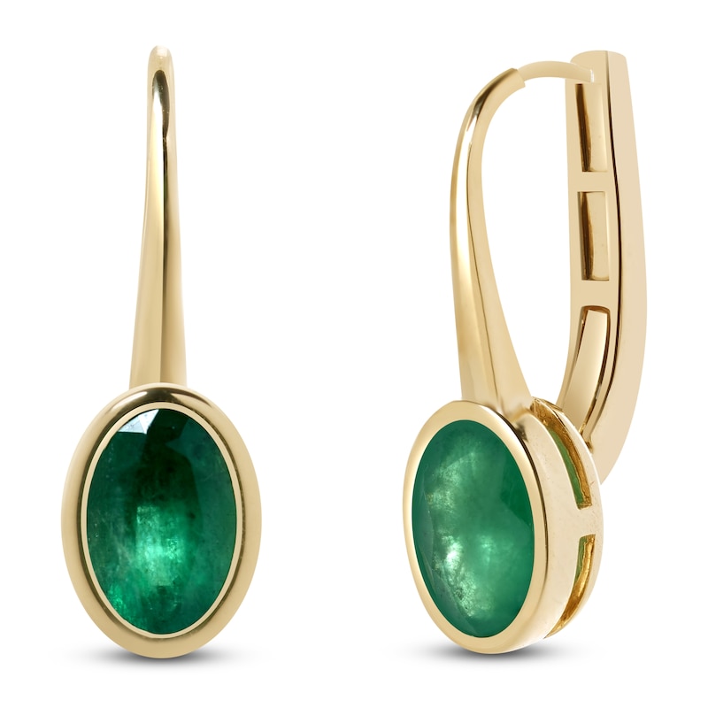 Main Image 2 of Oval-Cut Natural Emerald Bezel-Set Drop Earrings 14K Yellow Gold