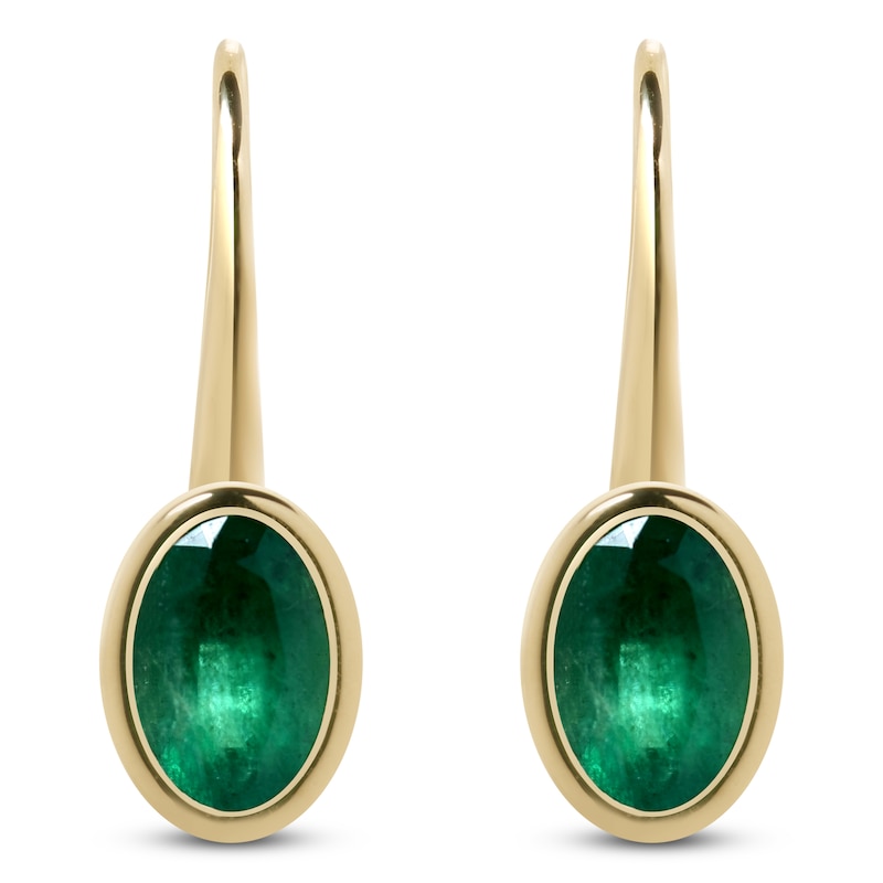 Main Image 4 of Oval-Cut Natural Emerald Bezel-Set Drop Earrings 14K Yellow Gold
