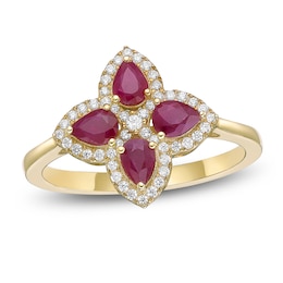 Pear-Shaped Natural Ruby & Diamond Clover Ring 1/5 ct tw 10K Yellow Gold