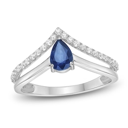 Pear-Shaped Natural Blue Sapphire & Diamond Split Chevron Ring 1/5 ct tw 10K White Gold