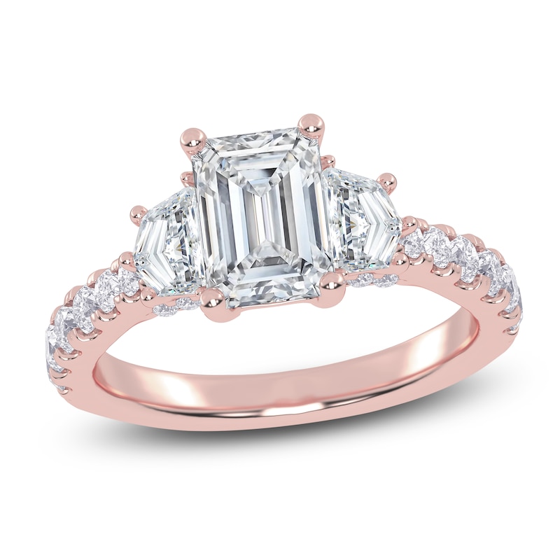Main Image 1 of Emerald & Shield-Cut Lab-Grown Diamond Three-Stone Engagement Ring 2 ct tw 14K Rose Gold