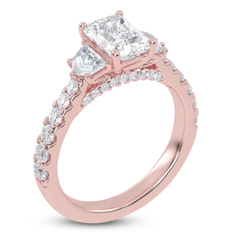 Main Image 2 of Emerald & Shield-Cut Lab-Grown Diamond Three-Stone Engagement Ring 2 ct tw 14K Rose Gold