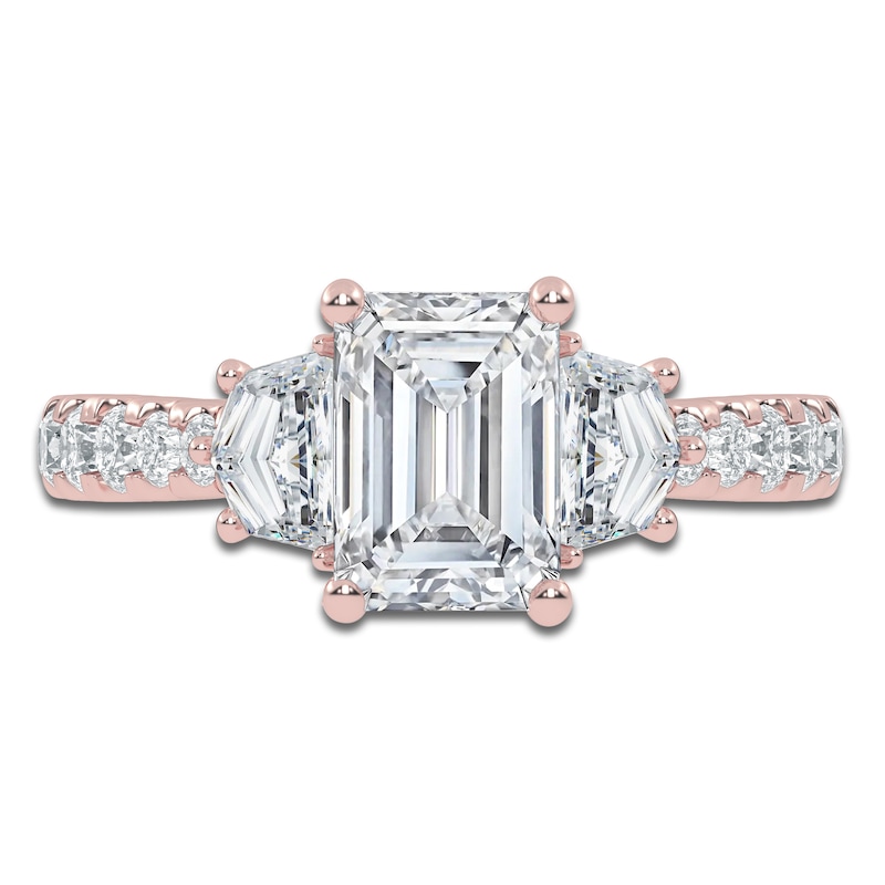 Main Image 3 of Emerald & Shield-Cut Lab-Grown Diamond Three-Stone Engagement Ring 2 ct tw 14K Rose Gold