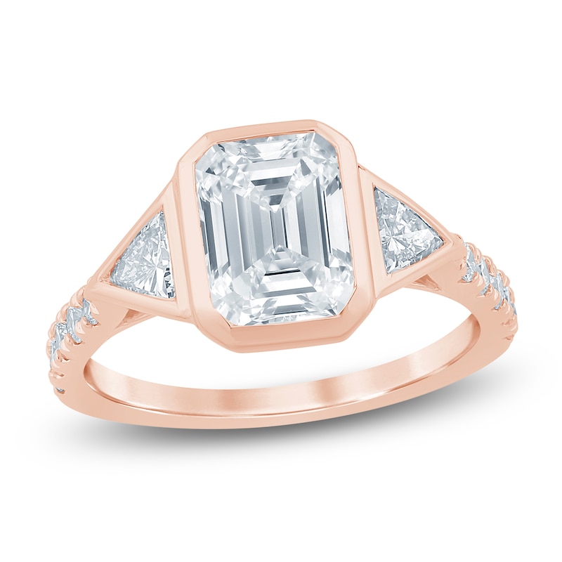 Main Image 1 of Lab-Grown Diamond Emerald-Cut & Trillion-Cut Bezel-Set Three-Stone Engagement Ring 2-7/8 ct tw 14K Rose Gold