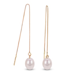 Oval Cultured Pearl Chain Drop Threader Earrings 14K Yellow Gold 6x7mm