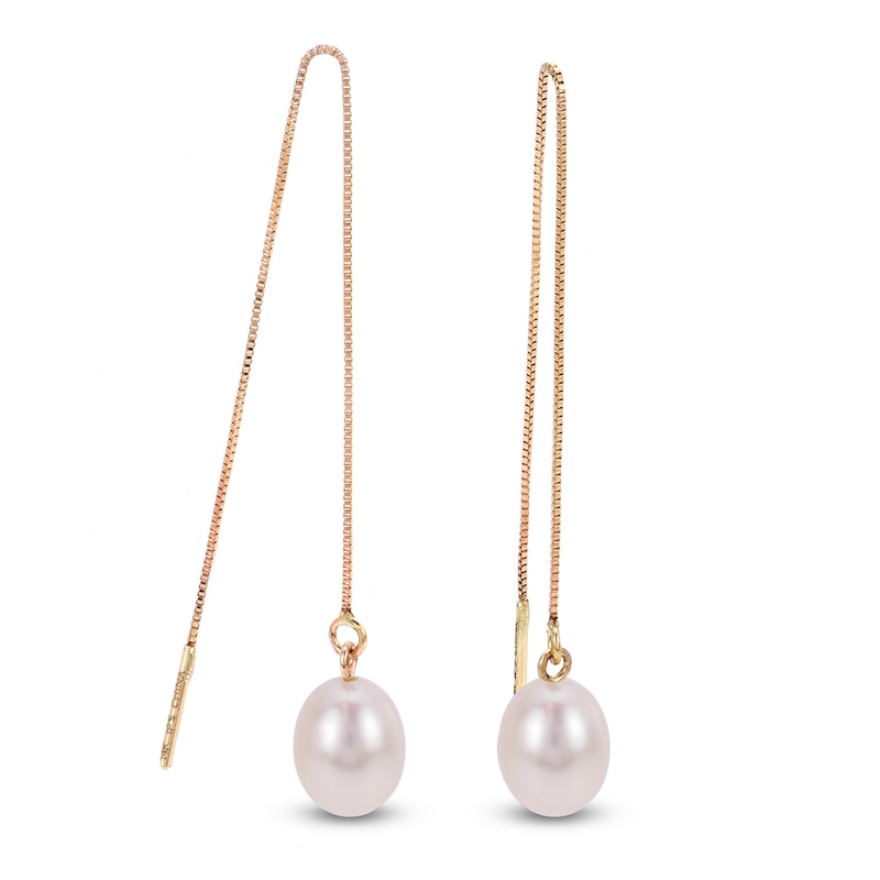 Main Image 1 of Oval Cultured Pearl Chain Drop Threader Earrings 14K Yellow Gold 6x7mm